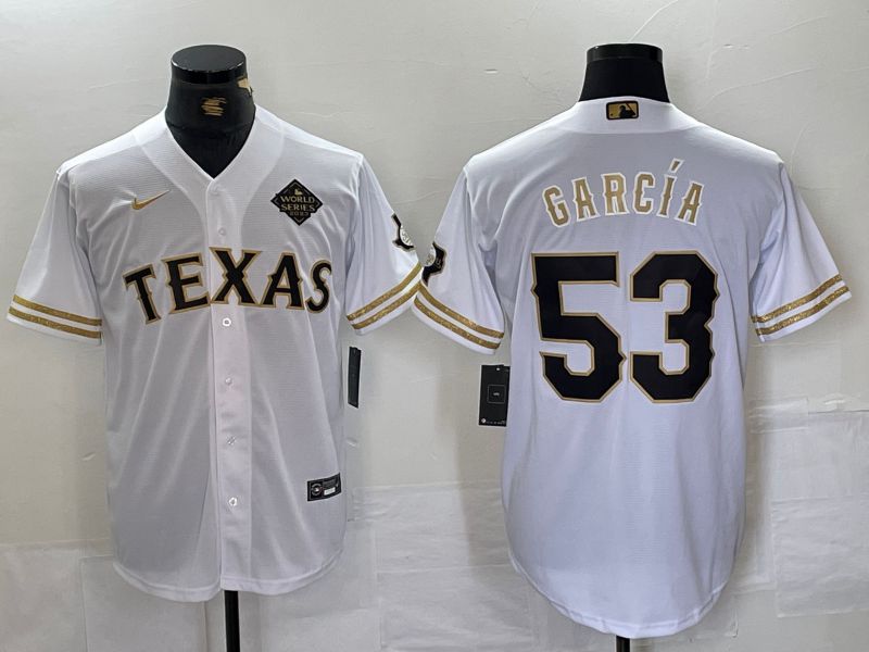 Men Texas Rangers 53 Garcia White gold three generations Nike 2024 MLB Jersey style 1